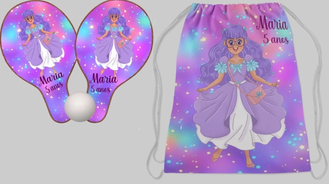 Kit Mochilinha e Raquete ping Pong Personalizada A Princesa Desastrada