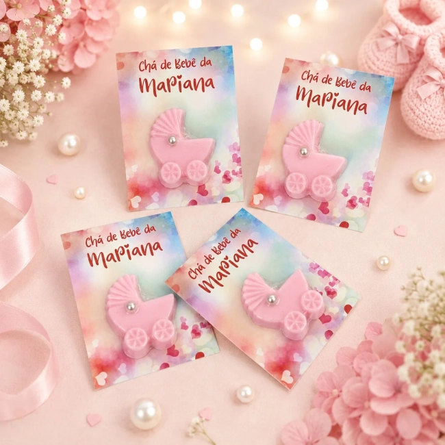 50 unidades Lembrancinhas Mini Sabonete Carrinho de Bebê Rosa Perfumado no Cartão Aniversário, Chá de Bebê, Batizado