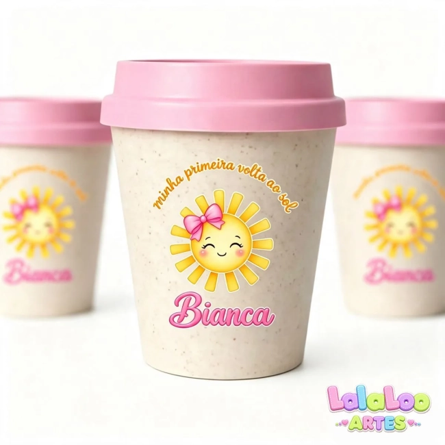 Mini Copo Primeira Volta ao Sol Eco Madeira 250ml com Tampa Bucks Primeira Volta ao Sol