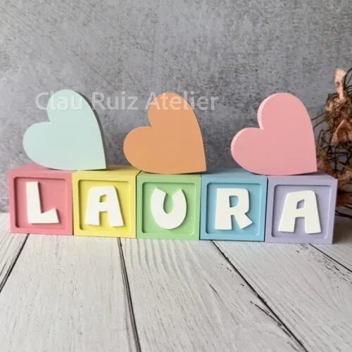 Decoração Bebê - Cubos 6x6cm Candy Ts + Trio de Coração