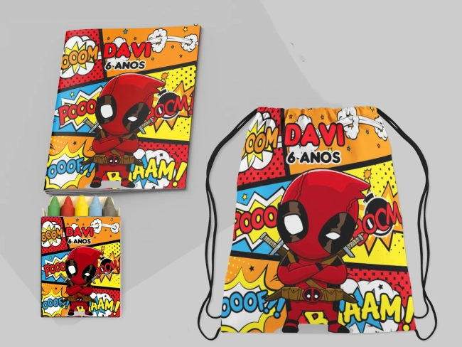 Kit Mochila e Revista de colorir para lembrancinhas do DeadPool