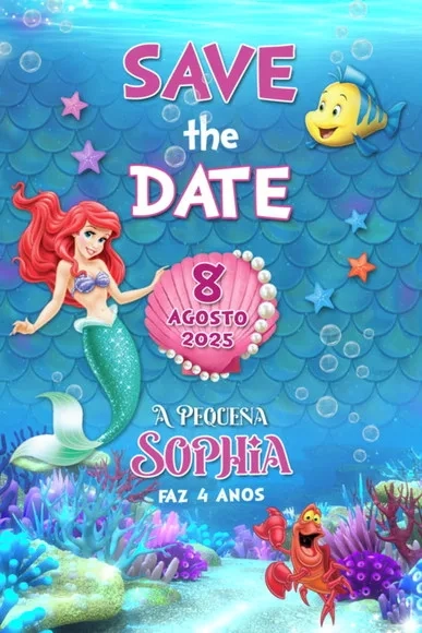Convite + Save The Date C/tag Digital Pequena Sereia Ariel