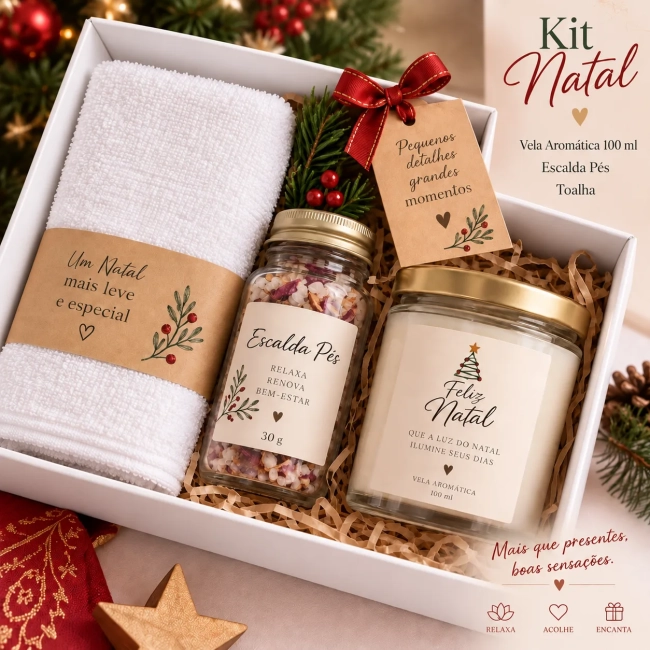 Kit Presente de Natal com Vela Aromática, Escalda-Pés e Toalha