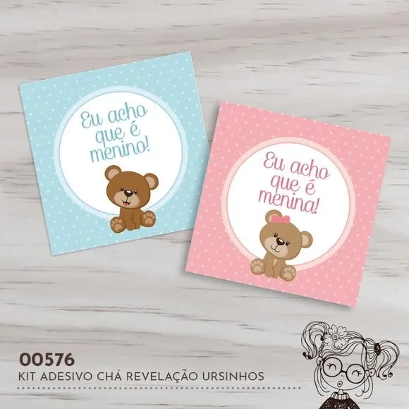 Kit Adesivos Quadrados Chá Revelação Ursinhos - 00576