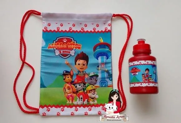 Mochila com Squeeze Personalizado Patrulha Canina Vermelha