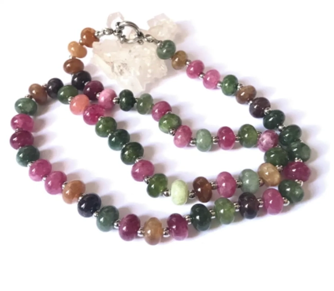 Choker Colar de Jade colorida em rondell liso e Aço Inox