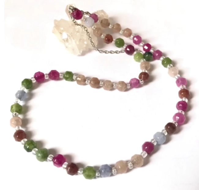 Choker Colar Jade Multicolor facetada com Inox e Cristais