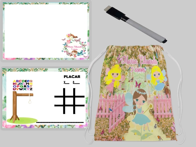 Kit Mochila e Lousa Magica para lembrancinhas Jardim das Fadas