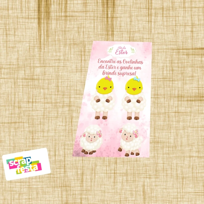 Cartão Raspadinha Brincadeira Festa Chá de Bebê Menina Ovelhinha Cute Aquarela