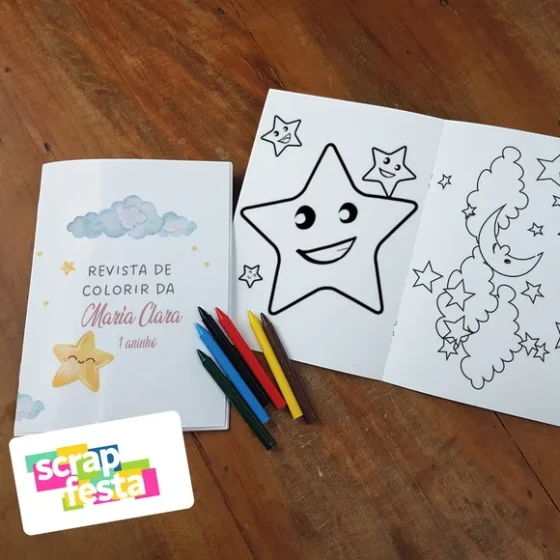 Revista Colorir + Giz Cera Festa Brilha, Brilha Estrelinha
