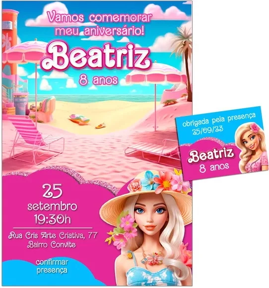 Convite Digital C/tag Boneca Barbie Rosa 8