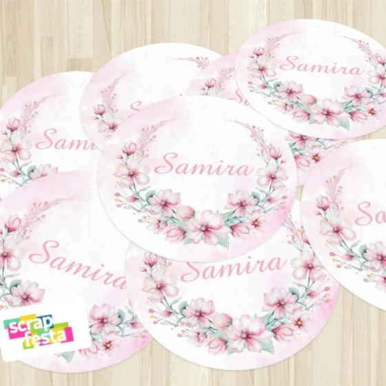 Adesivo 5cm Redondo Maternidade Nascimento Menina Floral