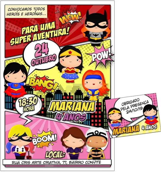 CONVITE DIGITAL C/TAG Heroinas Cute Gibi 2