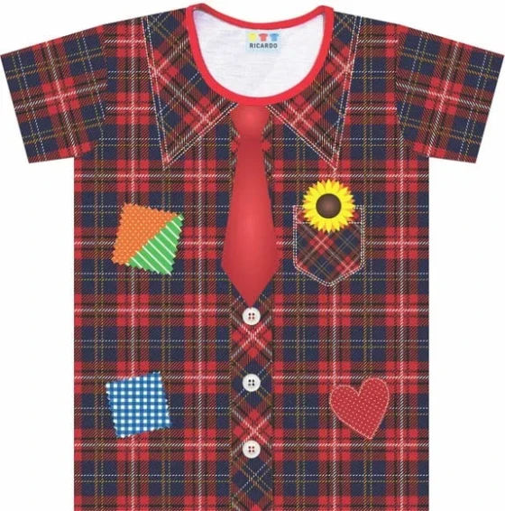 Camiseta infantil Caipira Vermelha Xadrez com Remendos – Festa Junina Menino