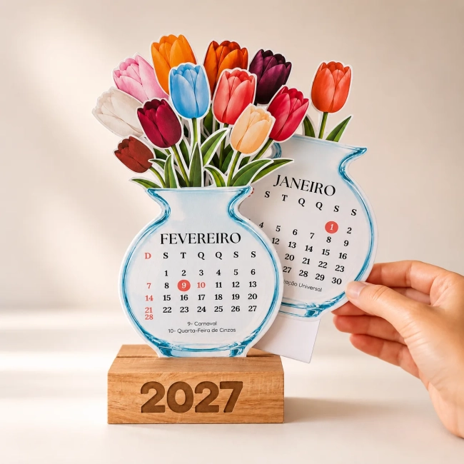 Calendário de Mesa 2027 Vaso de Flores Tulipas
