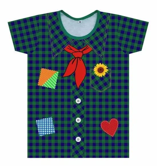 Camiseta Adulto Festa Junina Estampa Xadrez Verde com Lenço e Girassol