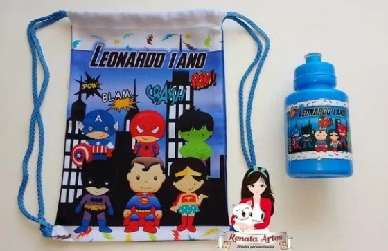 Mochila com Squeeze Personalizado Herois Baby Azul
