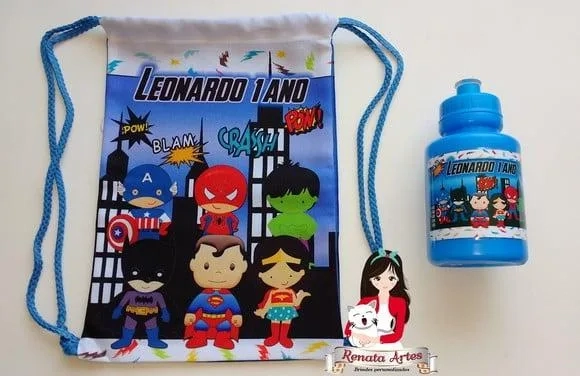 Mochila com Squeeze Personalizado Herois Baby Azul