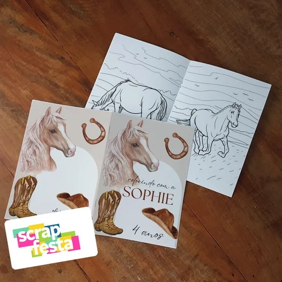 Revista Colorir+embalagem+giz Cera Festa Cavalos