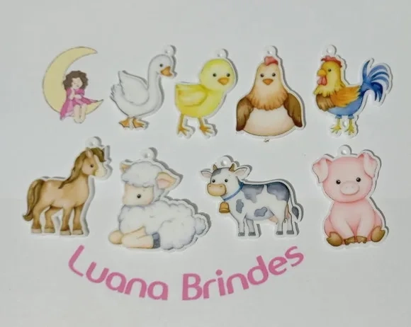 Pingente Fazendinha Acrílico U.v Variados - 6 Unidades