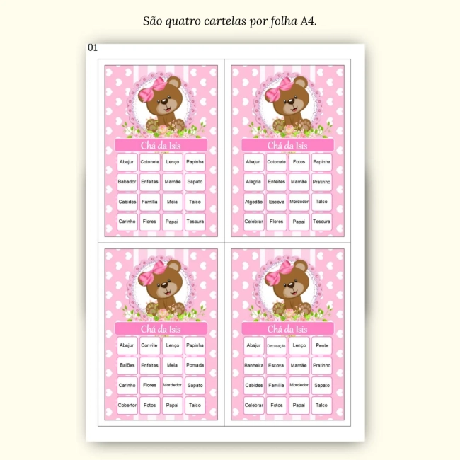 Bingo Chá de Bebê Menina Pdf Para Imprimir