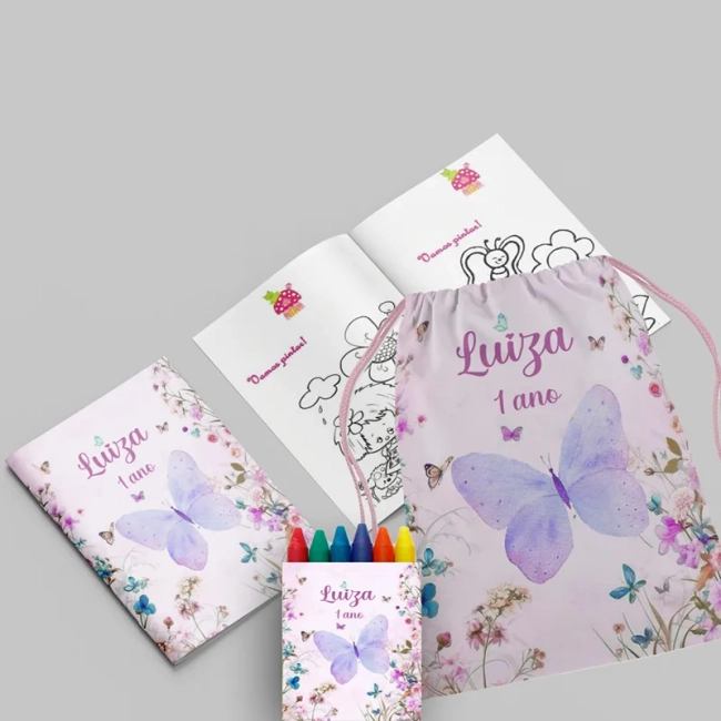 Kit Lembrancinhas Mochila e Revista personalizado Jardim das Borboletas