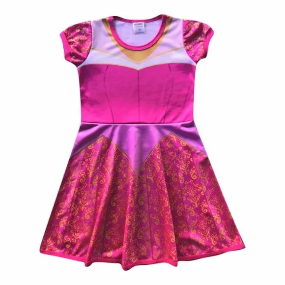 Vestido Infantil Princesa do Baile Rosa Chiclete – Fantasia de Princesa para Menina – Rosa Chiclete com Arabescos Dourados