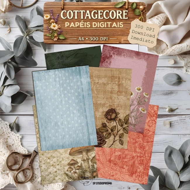 Papéis Digitais Cottagecore – Kit com 12 Papéis A4 para Junk Journal e Scrapbook
