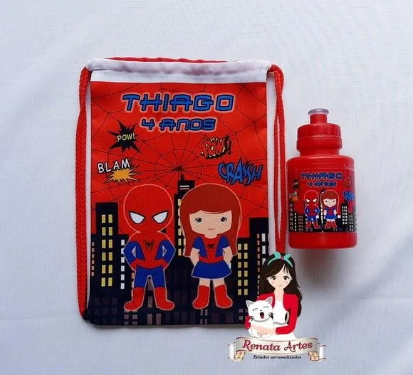 Mochila com Squeeze Homem Aranha + Mulher Aranha