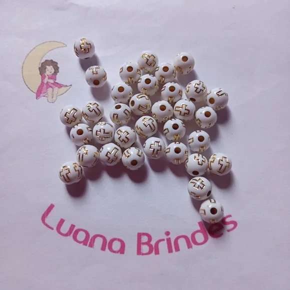 Bolinha Branca com Cruz Dourada 8mm Pct 100 Unidades