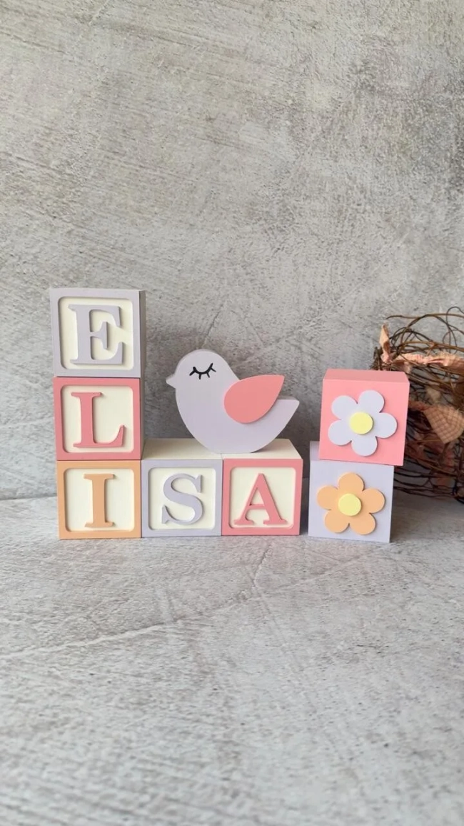 Passarinho + Cubos 6x6cm Ts - Decoração Bebê e Maternidade