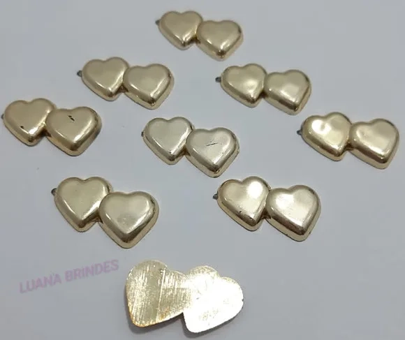 Aplique Coração Duplo de ABS Dourado - pct c/12 unid