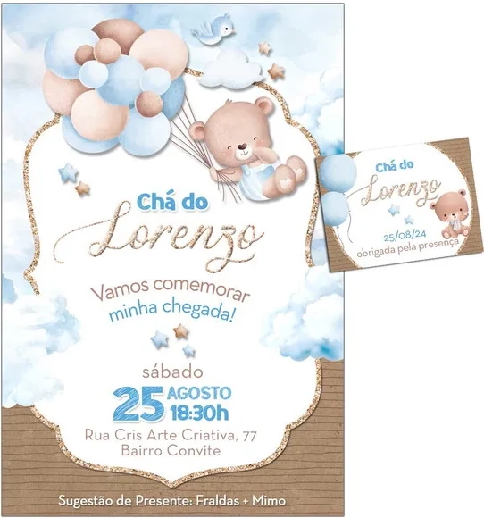 Convite Digital C/tag Chá de Bebê Menino Ursinho Bexiga