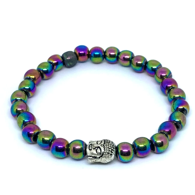 Pulseira Japamala 27 Contas em Hematita Iridisada com Buda - Pedra Natural e Proteção