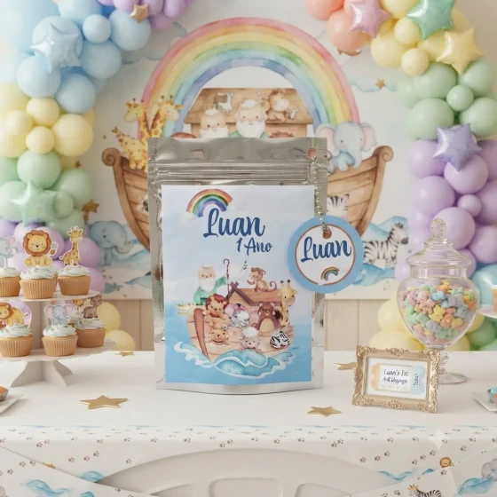 Saquinho Metalizado ziplock Arca de Noé lembrancinhas festa aniversario infantil Personalizado