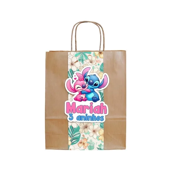 Sacola Kraft Lembrancinha Stitch e Angel Floral com Faixa 3d