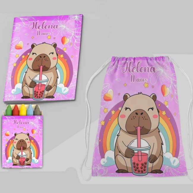 Kit Lembrancinhas Mochila e Revista de Colorir da Capivara