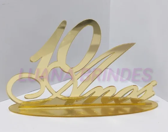 Topo de Bolo/mesa de 10 Anos em Acrílico Espelhado Dourado