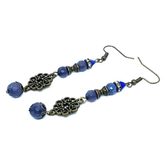 Brinco Vintage Jade Azul Safira Facetada com Gancho Ouro Velho