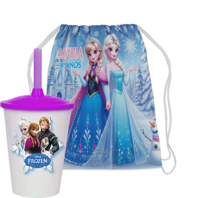 Kit Mochila e Copo Twister personalizado da Frozen