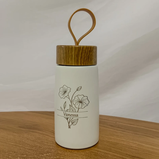 Garrafa Térmica 280ml Com Tampa de Bambu Personalizada Branca
