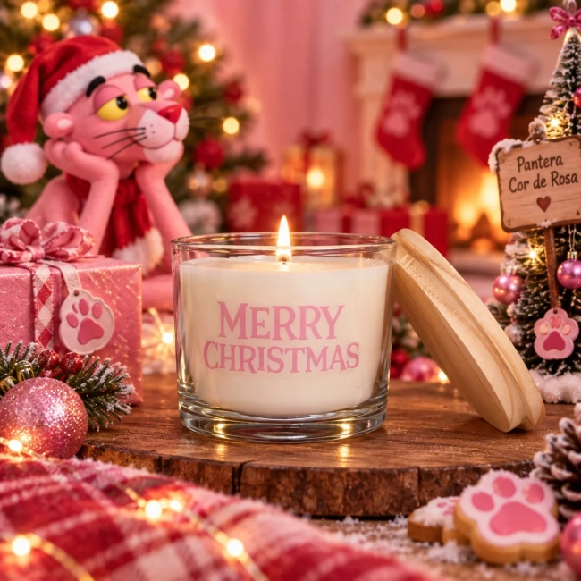 Vela Aromática no Copo Personalizada Natal Pantera Cor de Rosa - Trabalhamos com outros temas - Informar  tema no chat
