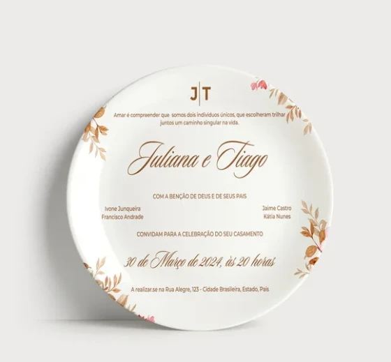Convite Casamento Prato Porcelana Floral Romântico