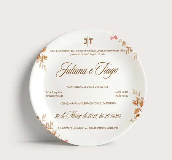 Convite Casamento Prato Porcelana Floral Romântico