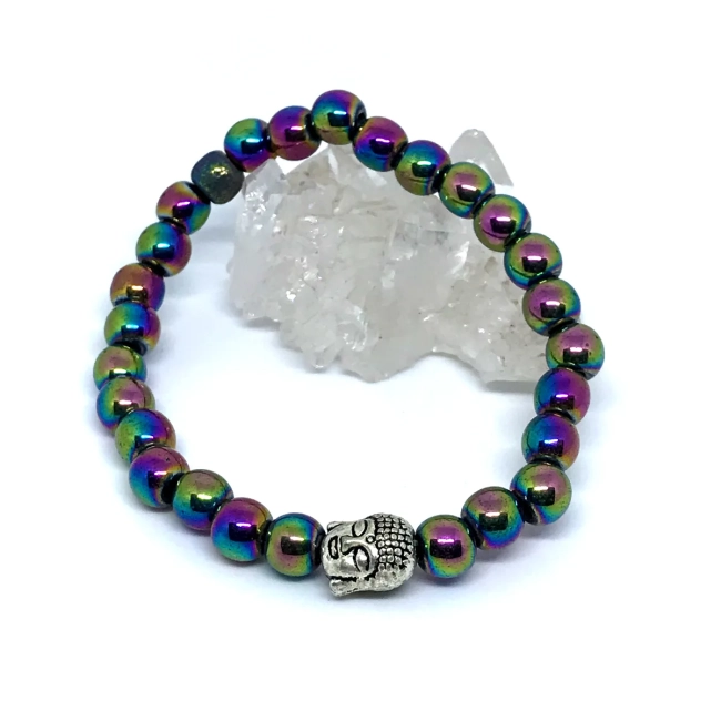 Pulseira Japamala 27 Contas em Hematita Iridisada com Buda - Pedra Natural e Proteção