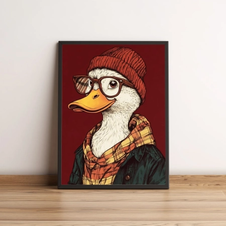Quadro Pato Estiloso com Óculos e Gorro Vermelho 2633