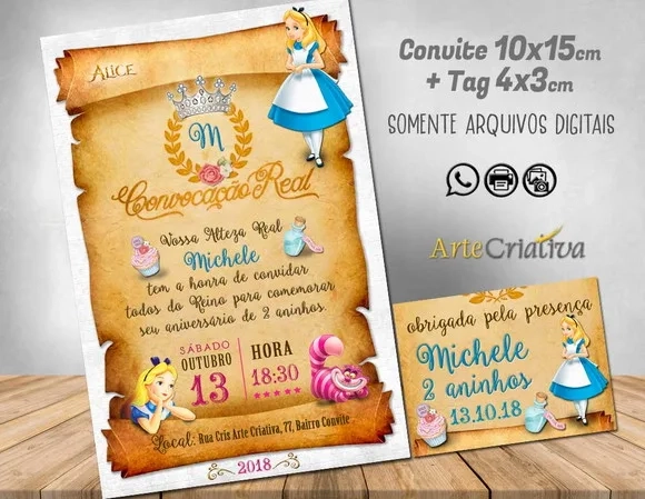 CONVITE DIGITAL C/TAG Pergaminho Alice Pais das Maravilhas