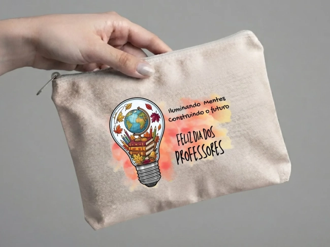 Lembrancinha Nécessaire Personalizada Algodão Cru 20x15 Estampa DTF Dia dos Professores Lampada