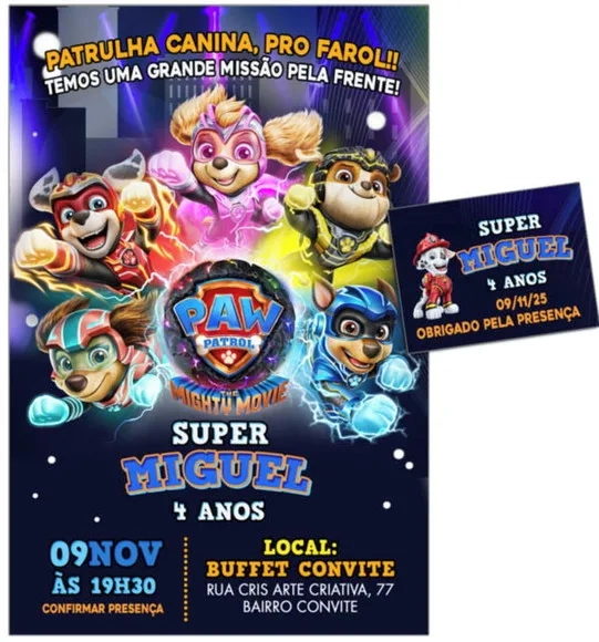 Convite Digital C/tag Patrulha Canina Filme