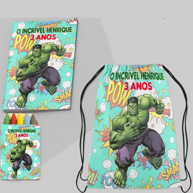 Kit Mochila e Revista de colorir para lembrancinha do Incrível Hulk